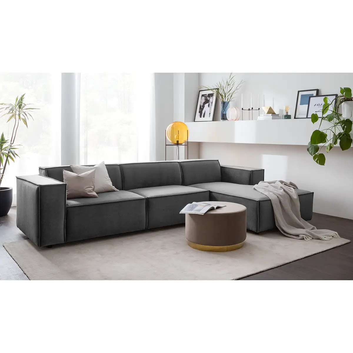 Ecksofa mit Longchair Grau/Grau Samt Shyla | Grau