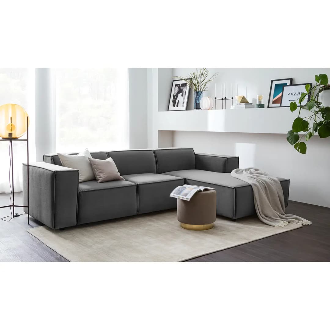 Ecksofa mit Longchair Grau/Grau Samt Shyla | Grau