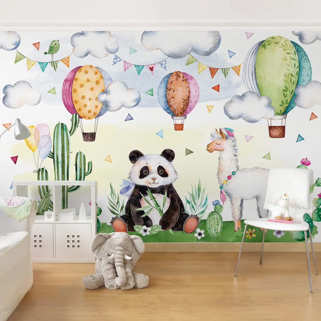 Vliestapete Panda & Lama Aquarell | Mehrfarbig