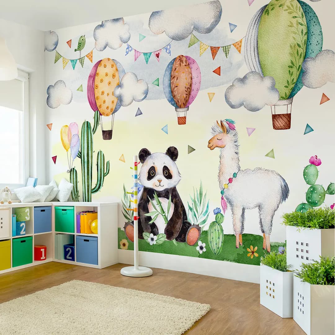 Vliestapete Panda & Lama Aquarell | Mehrfarbig