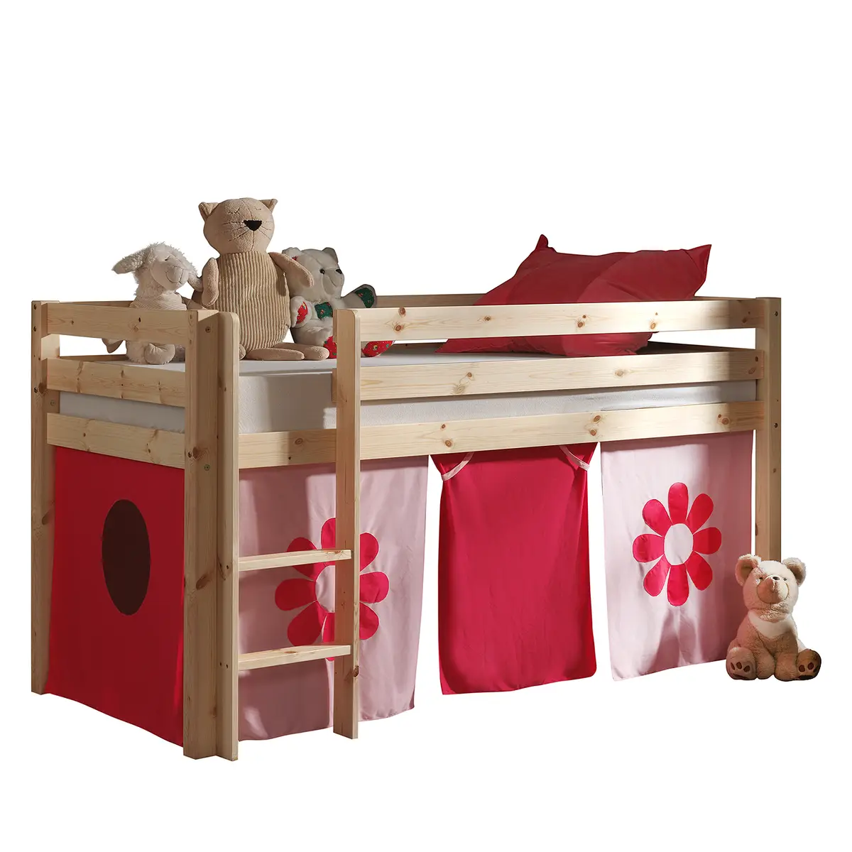 Spielbett Pink Flower 90 x 200cm Beige/Kiefer Natur mit Leiter