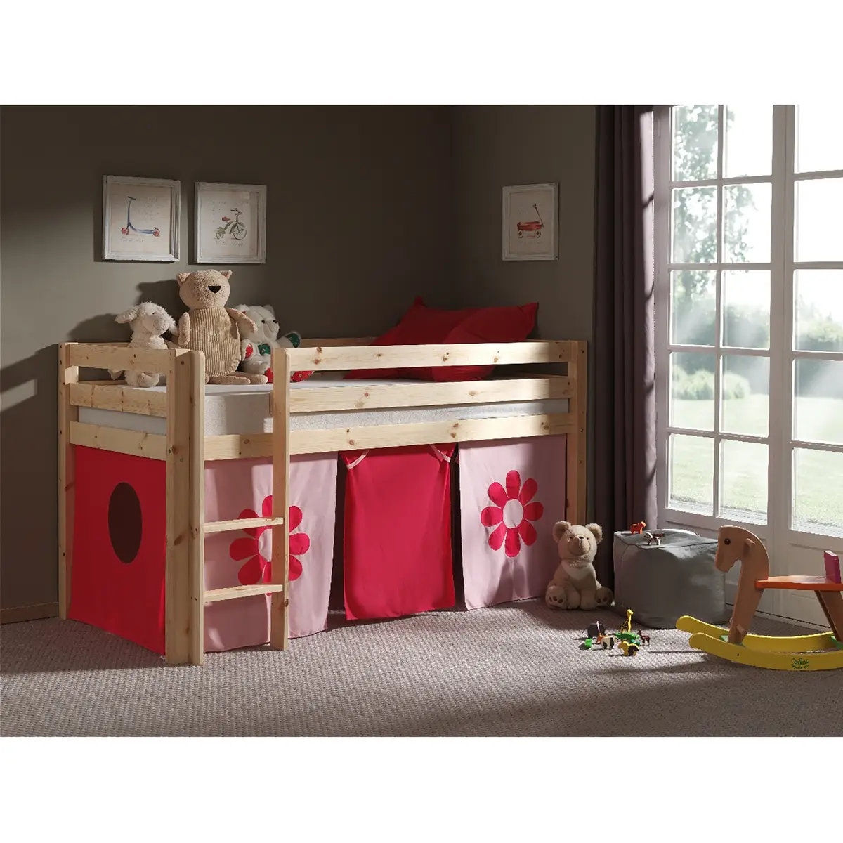 Spielbett Pink Flower 90 x 200cm Beige/Kiefer Natur mit Leiter