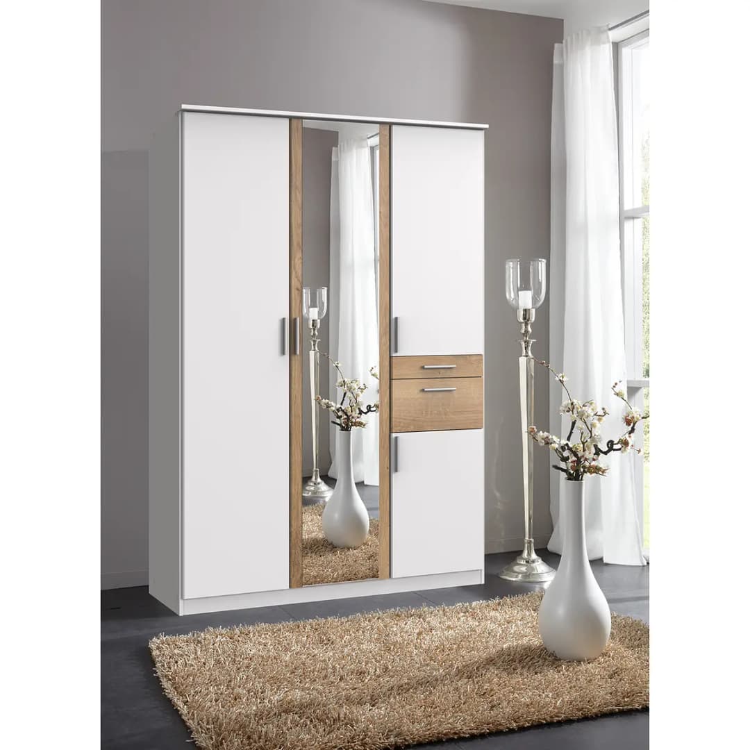Drehtürenschrank I 135cm Weiß/Weiß/Eiche Dekor | Mehrfarbig
