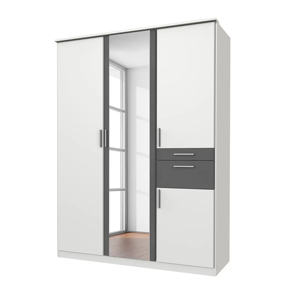 Drehtürenschrank I 135cm Weiß/Weiß/Graphit | Weiß