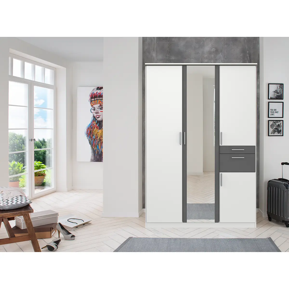 Drehtürenschrank I 135cm Weiß/Weiß/Graphit | Weiß