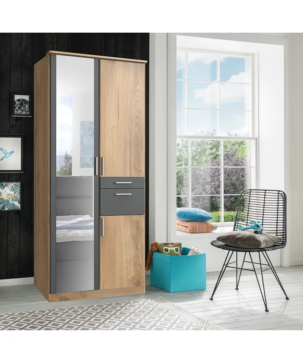 Drehtürenschrank I 91cm Braun/Eiche Sägerau Dekor/Graphit