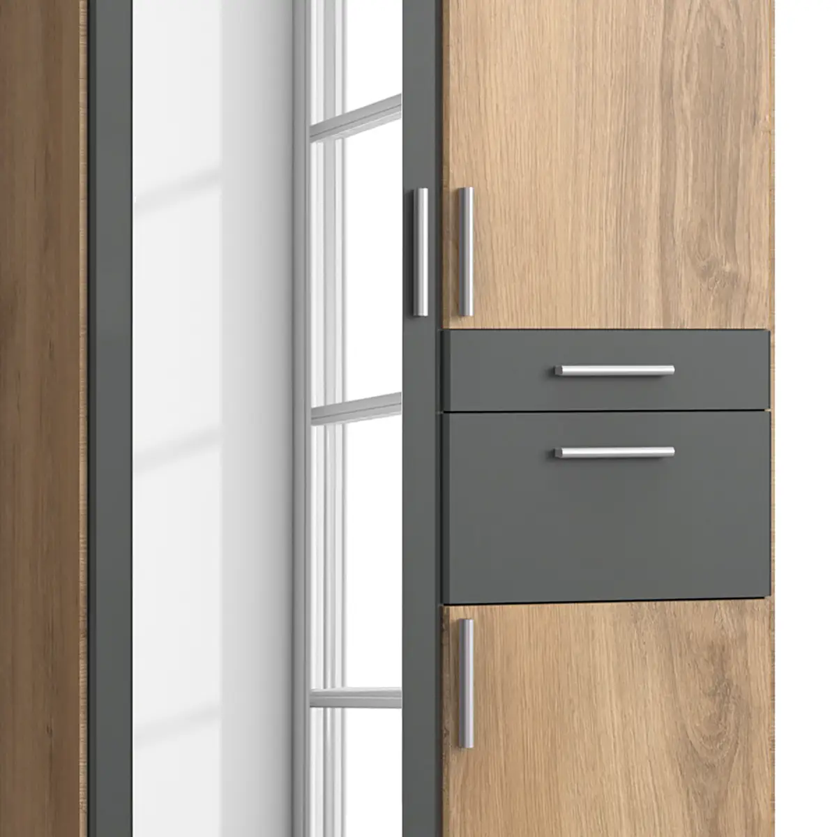 Drehtürenschrank I 91cm Braun/Eiche Sägerau Dekor/Graphit
