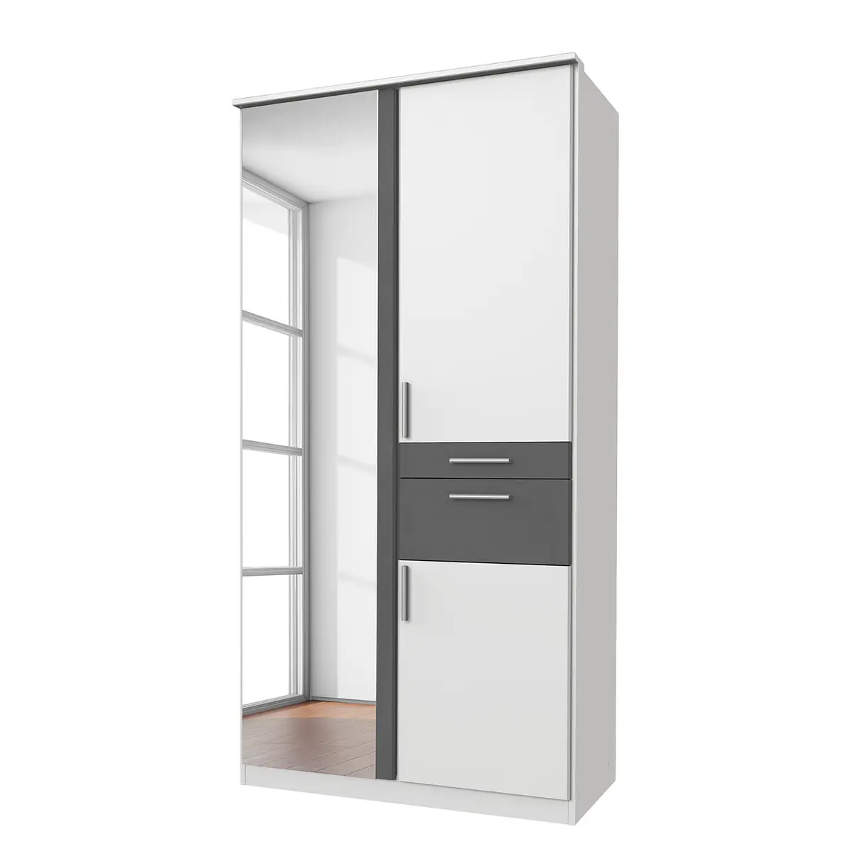 Drehtürenschrank I 91cm Weiß/Weiß/Graphit | Weiß