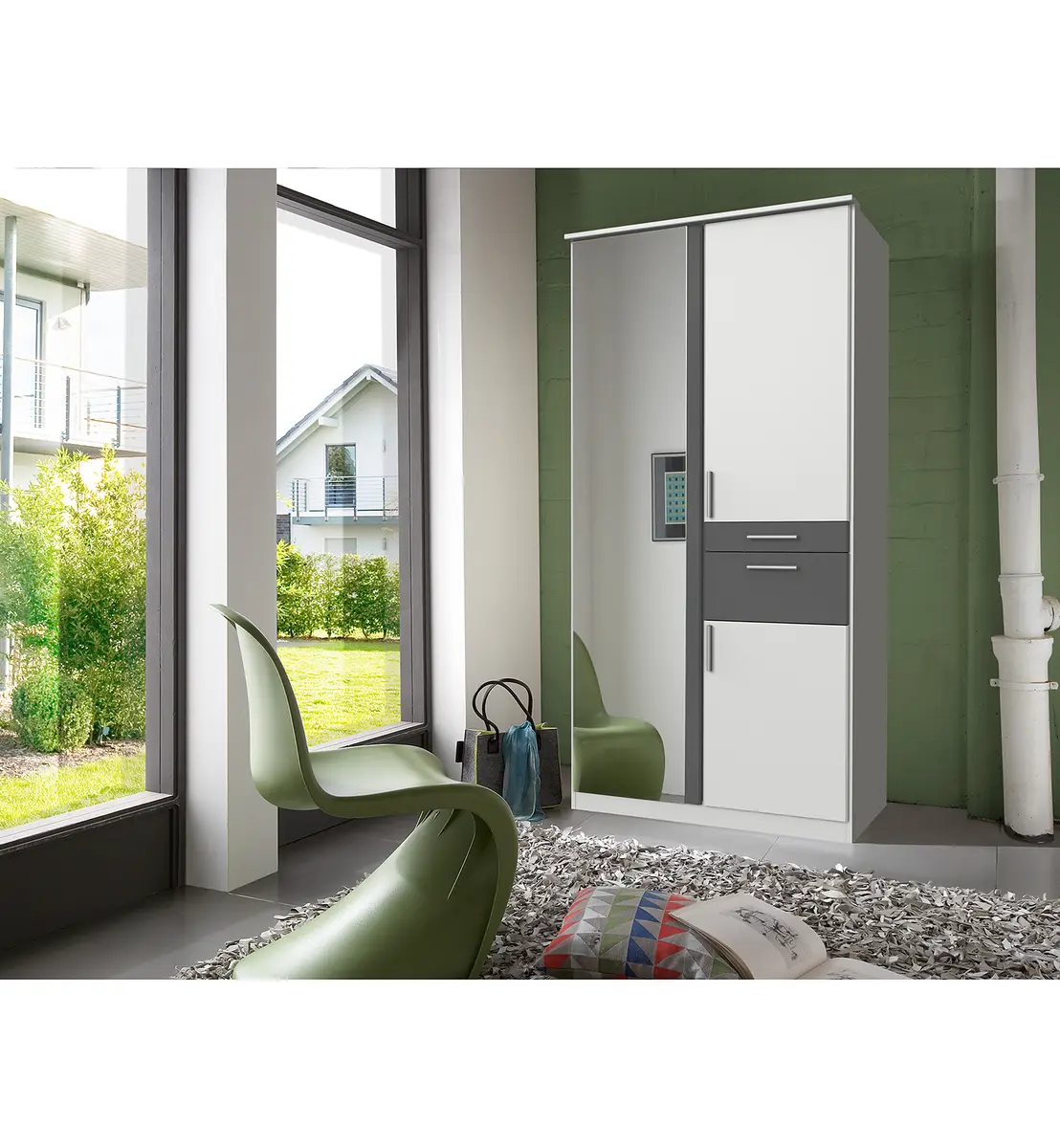 Drehtürenschrank I 91cm Weiß/Weiß/Graphit | Weiß