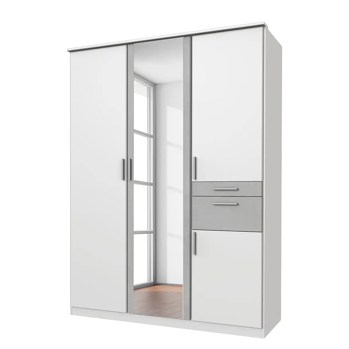 Drehtürenschrank I 135cm Weiß/Weiß/Hellgrau | Weiß