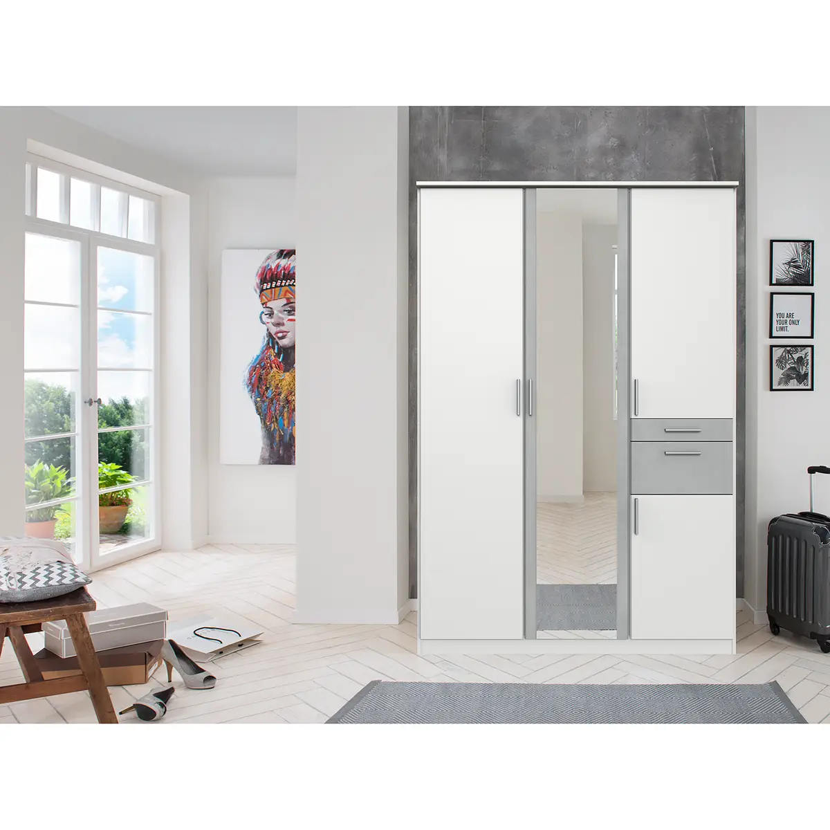 Drehtürenschrank I 135cm Weiß/Weiß/Hellgrau | Weiß