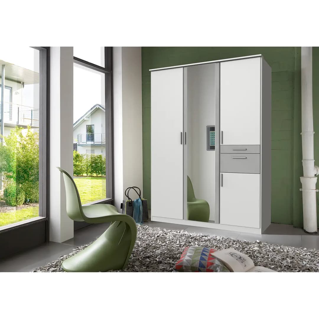 Drehtürenschrank I 135cm Weiß/Weiß/Hellgrau | Weiß
