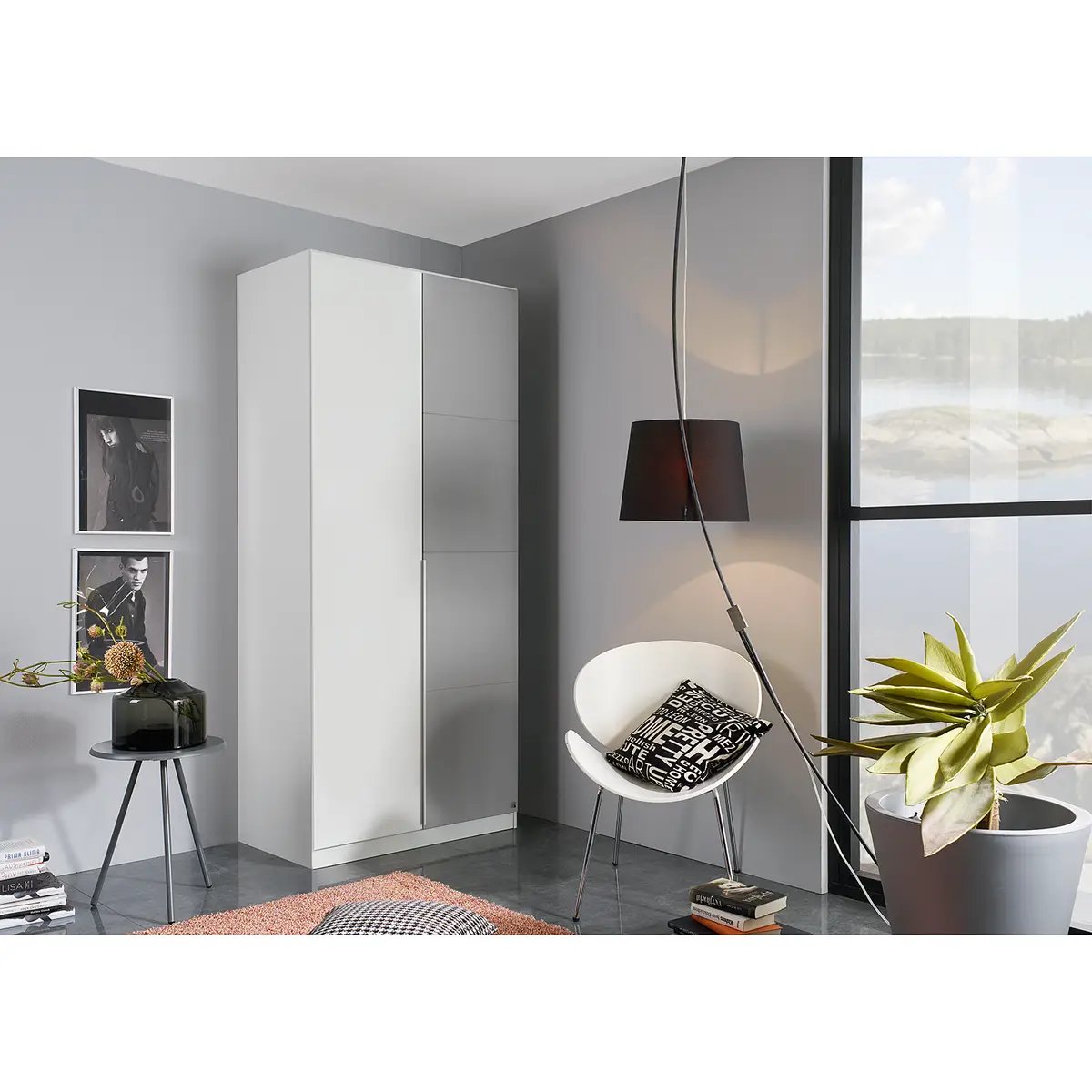 Drehtürenschrank 91cm Weiß/Alpinweiß/Grau | Weiß