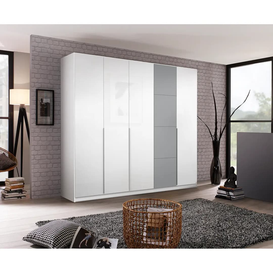 Drehtürenschrank 226cm Weiß/Hochglanz Weiß/Grau | Weiß