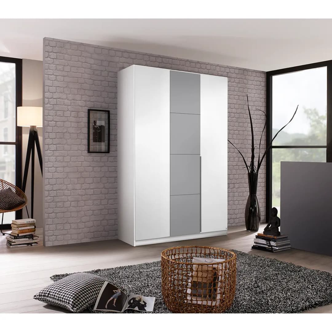 Drehtürenschrank 136cm Weiß/Alpinweiß/Grau | Weiß