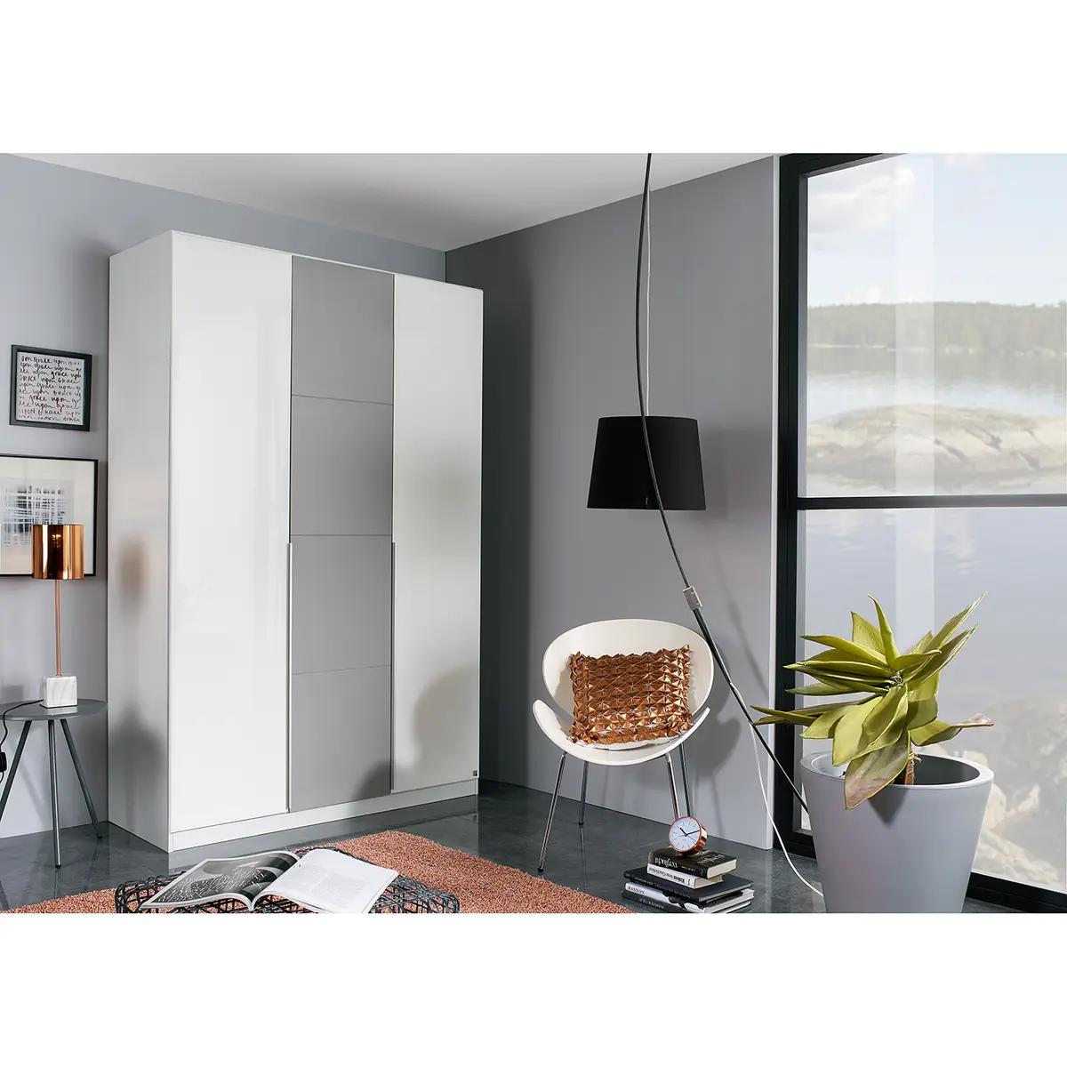 Drehtürenschrank 136cm Weiß/Graphit/Glas Weiß | Weiß