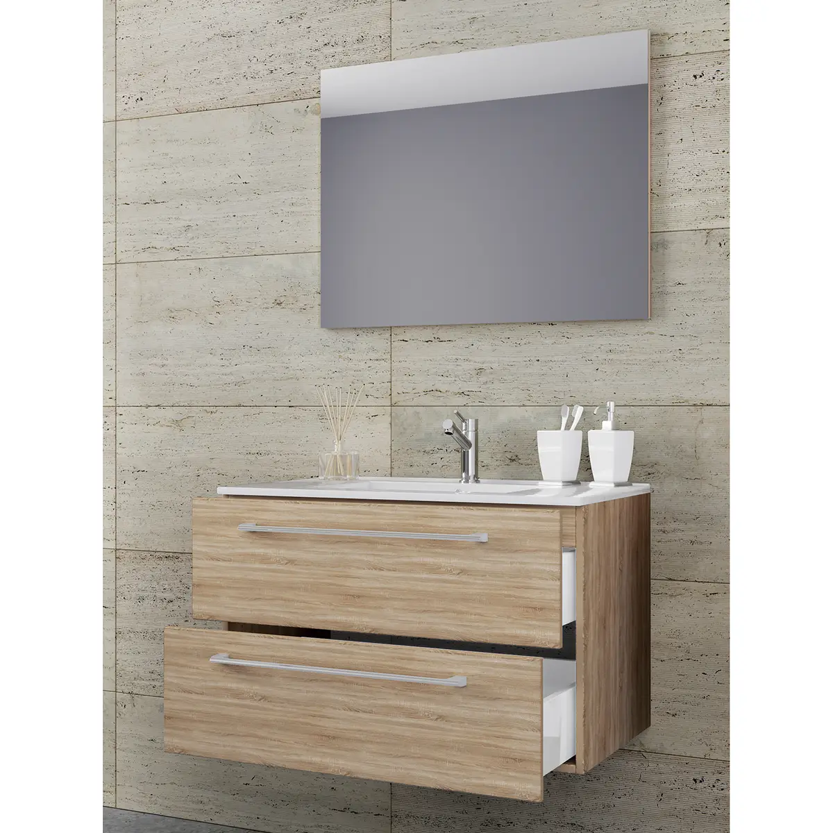 Badezimmerset Muniz I 2-teilig 80cm Beige/Eiche Sonoma Dekor | Beige
