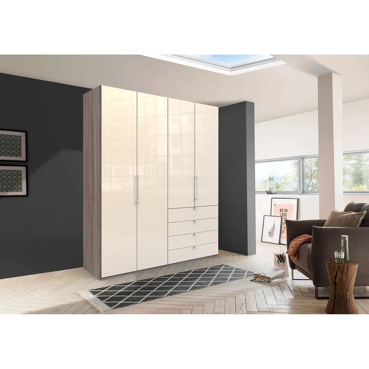 Falttürenschrank I 236cm Schublade rechts Braun/Grau/Trüffeleiche
