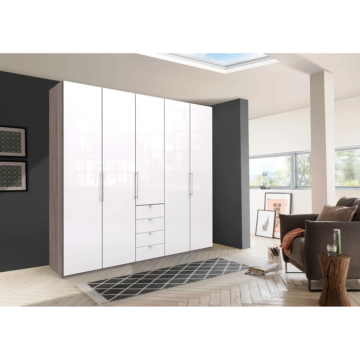 Falttürenschrank VI 236cm Braun/Grau/Trüffeleiche Dekor/Glas Weiß