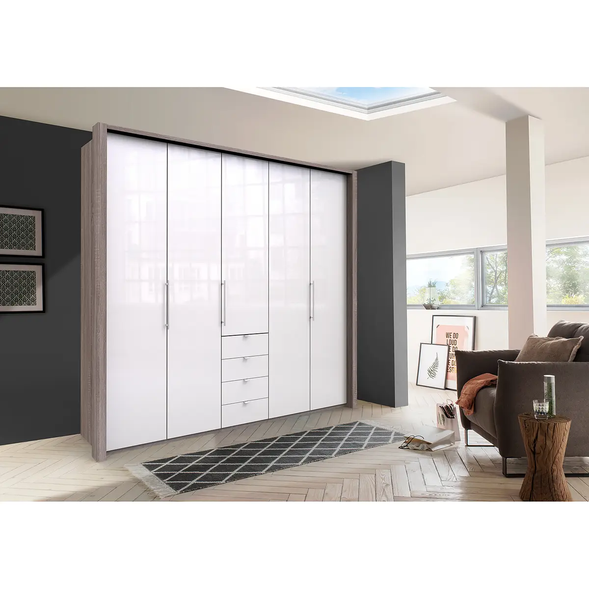 Falttürenschrank VI 236cm Braun/Grau/Trüffeleiche Dekor/Glas Weiß