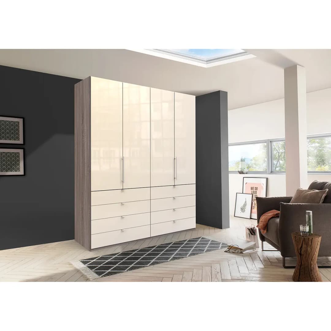 Falttürenschrank II 200 x 236cm Braun/Grau/Trüffeleiche Dekor/Glas
