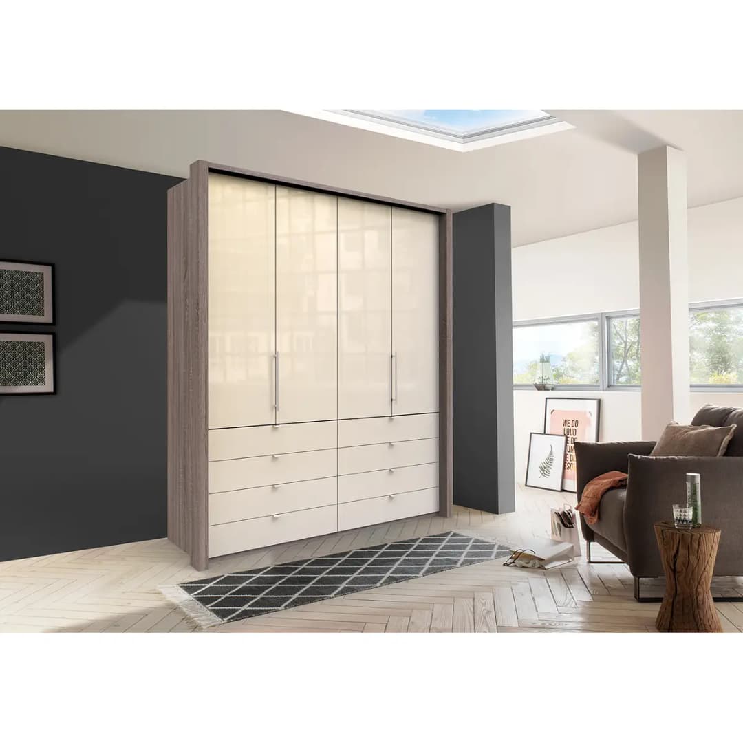 Falttürenschrank II 200 x 236cm Braun/Grau/Trüffeleiche Dekor/Glas