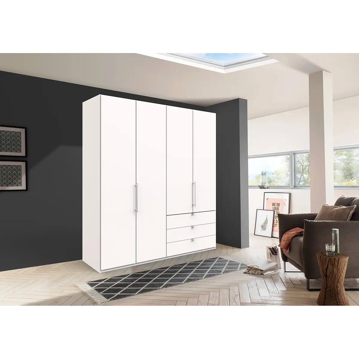 Falttürenschrank I 216cm Schublade rechts Weiß/Weiß | Weiß