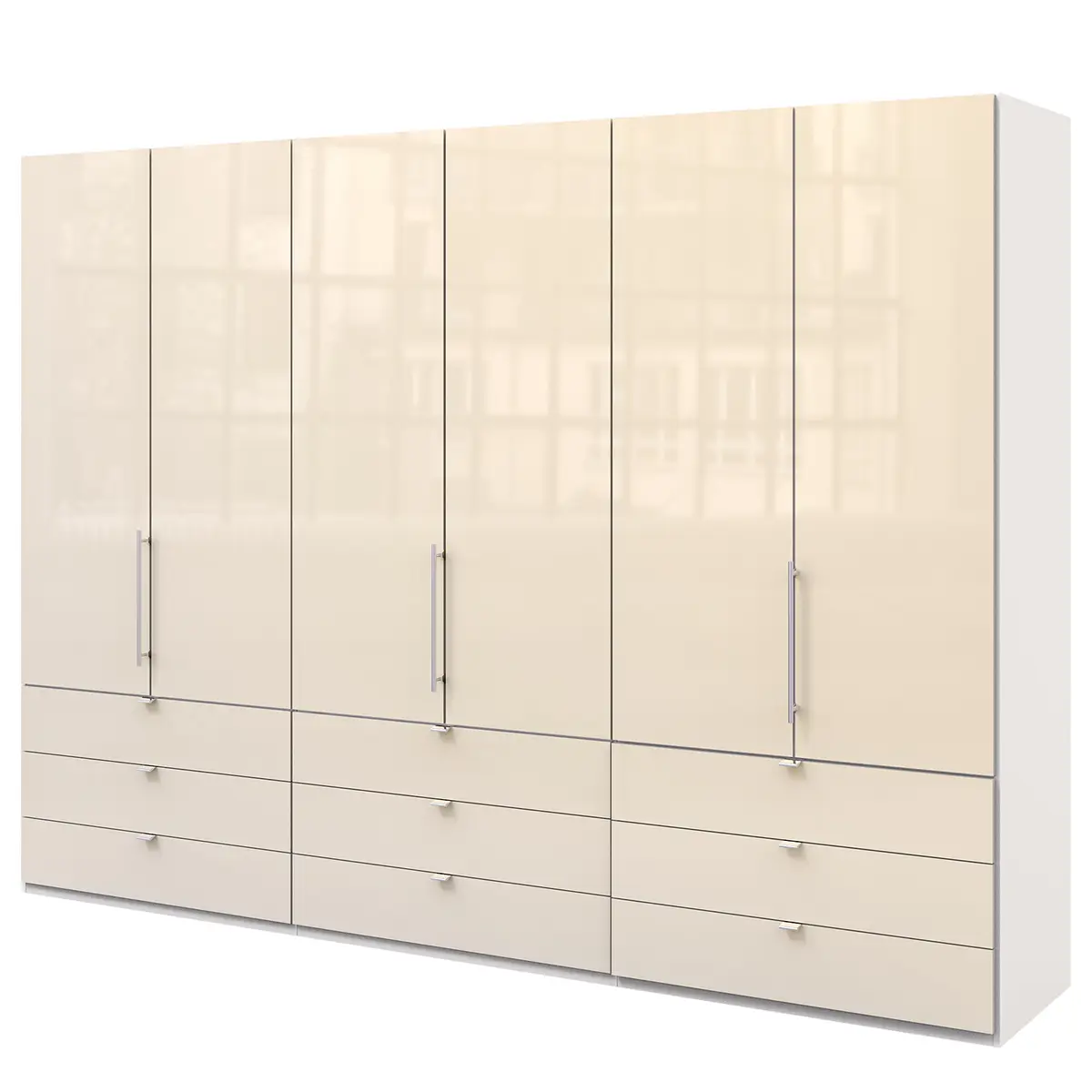 Falttürenschrank II 300 x 216cm Weiß/Alpinweiß/Glas Magnolie | Weiß