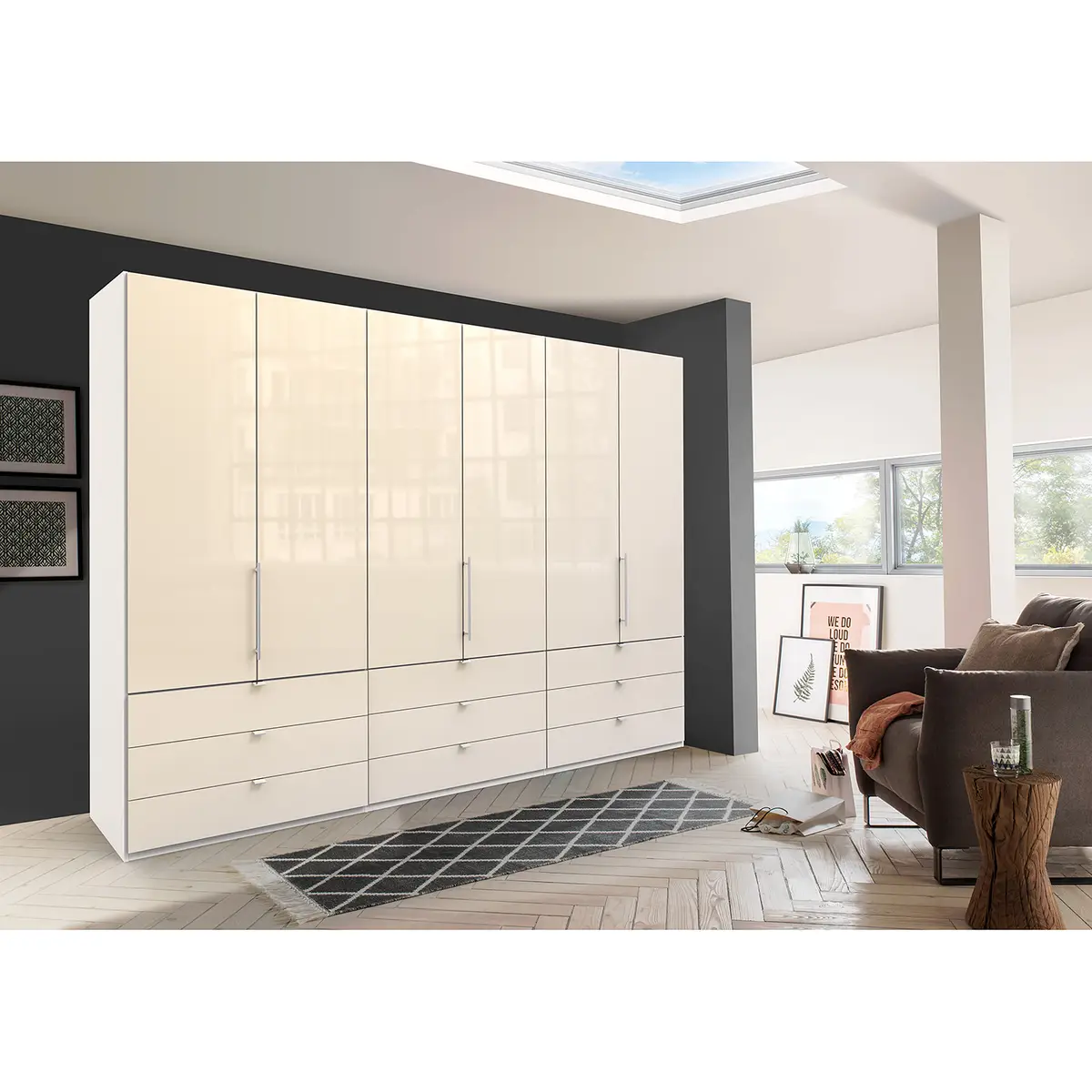 Falttürenschrank II 300 x 216cm Weiß/Alpinweiß/Glas Magnolie | Weiß