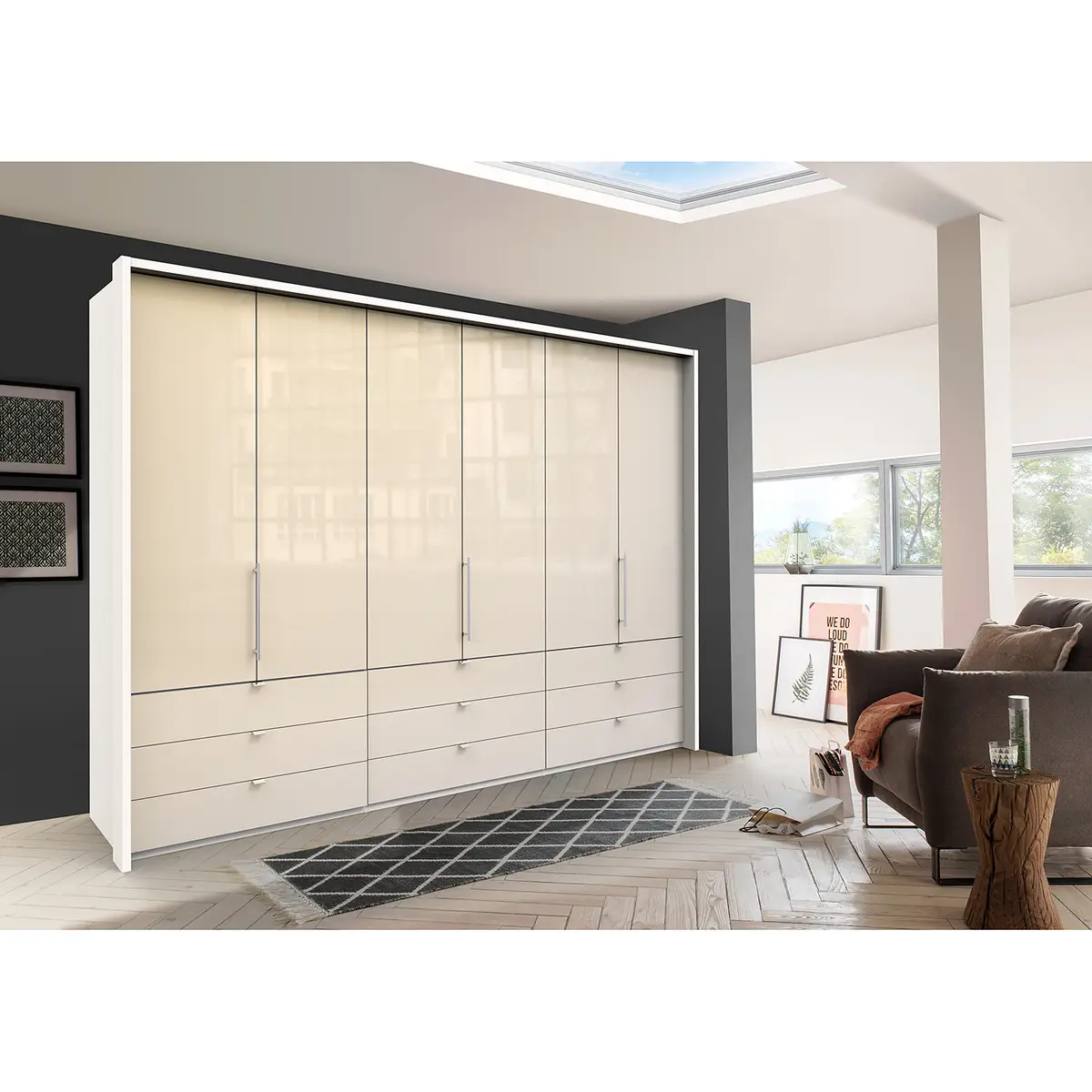 Falttürenschrank II 300 x 216cm Weiß/Alpinweiß/Glas Magnolie | Weiß