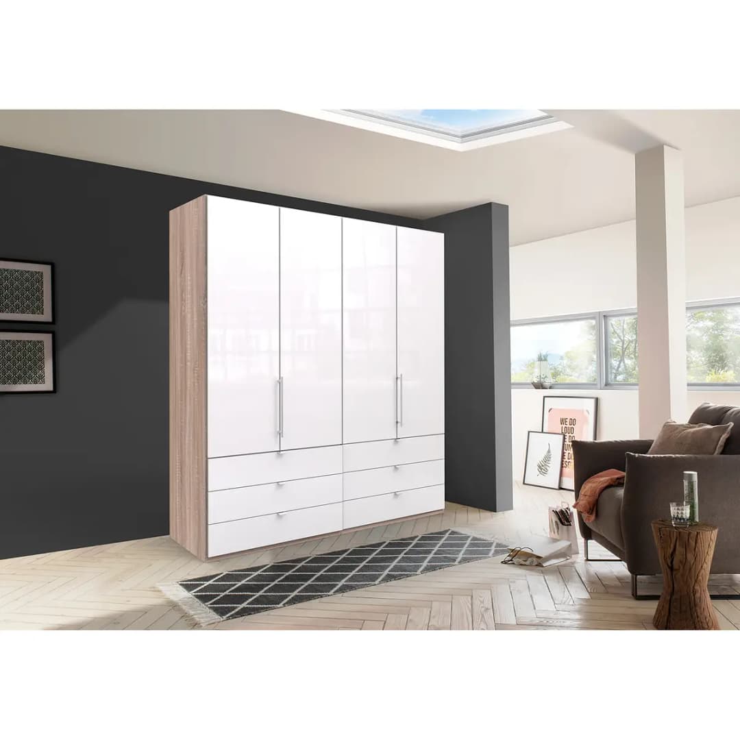 Falttürenschrank II 200 x 216cm Braun/Eiche Sägerau Dekor/Glas Weiß