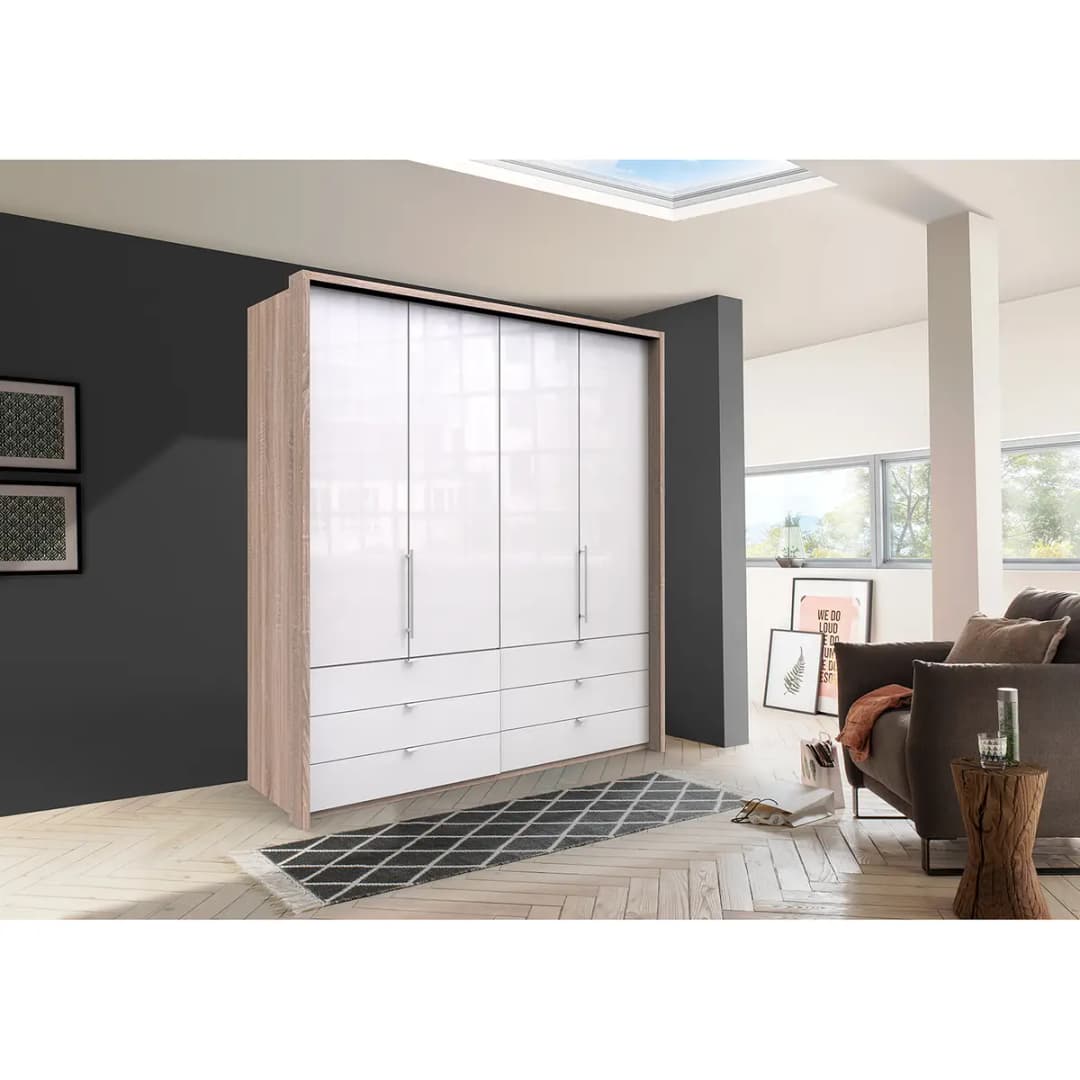 Falttürenschrank II 200 x 216cm Braun/Eiche Sägerau Dekor/Glas Weiß