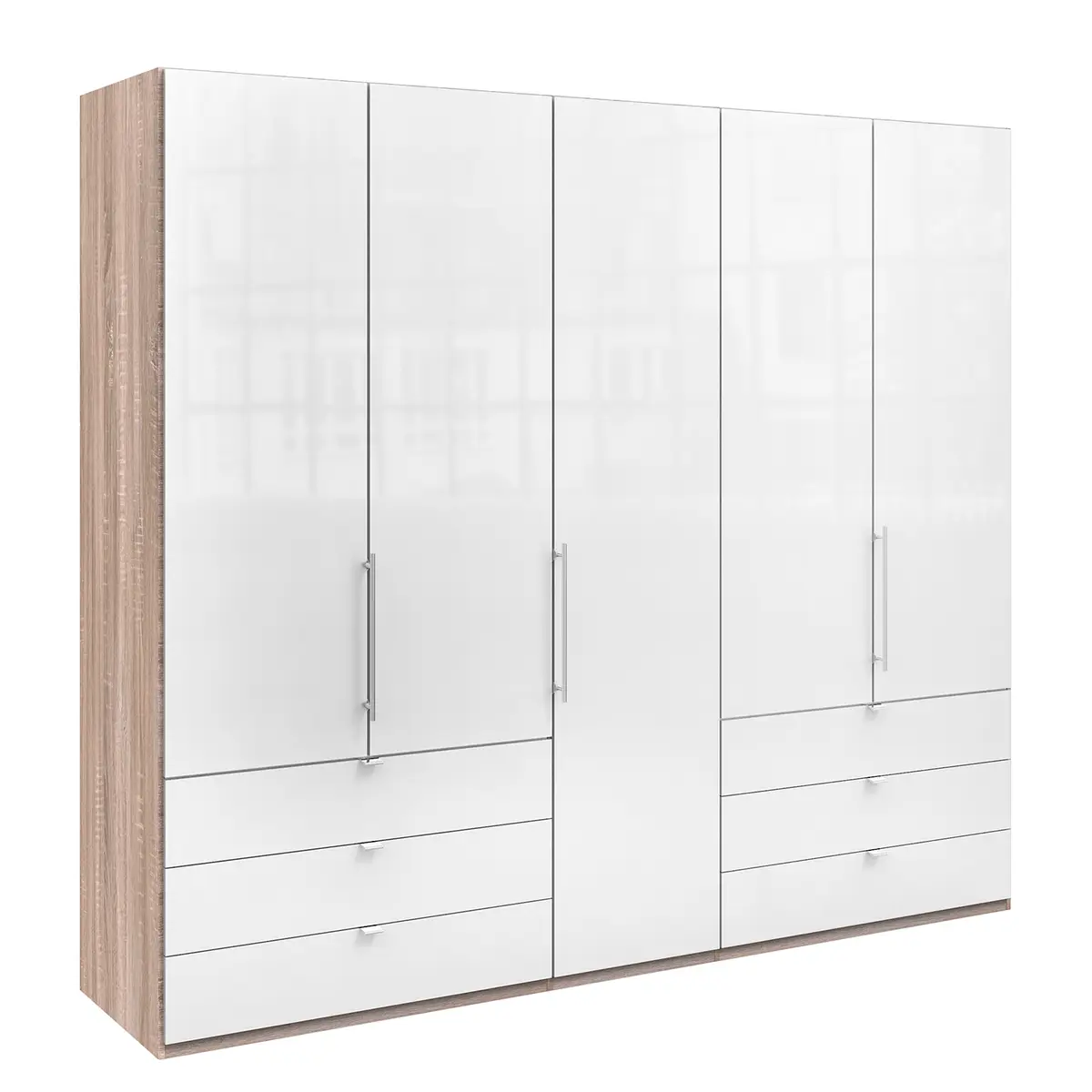 Falttürenschrank IV 250 x 216cm Schublade außen Braun/Eiche Sägerau