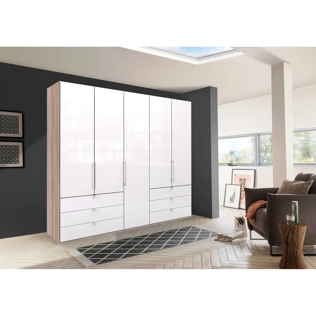 Falttürenschrank IV 250 x 216cm Schublade außen Braun/Eiche Sägerau