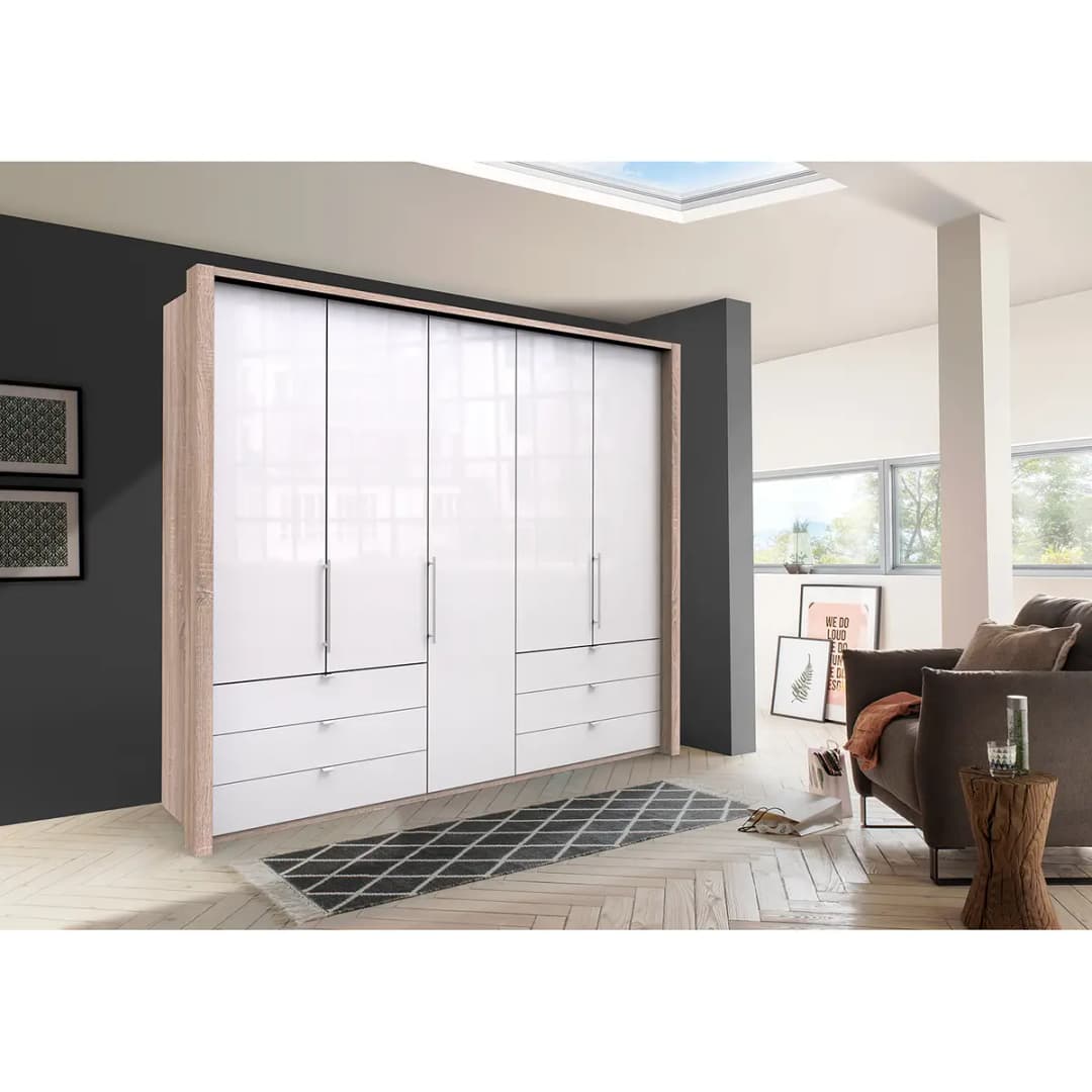 Falttürenschrank IV 250 x 216cm Schublade außen Braun/Eiche Sägerau