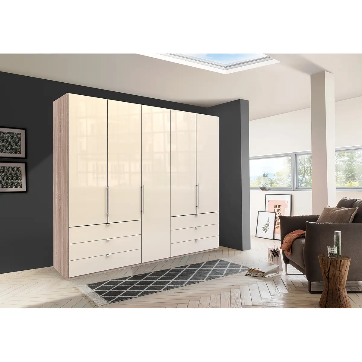 Falttürenschrank IV 250 x 216cm Schublade außen | Braun