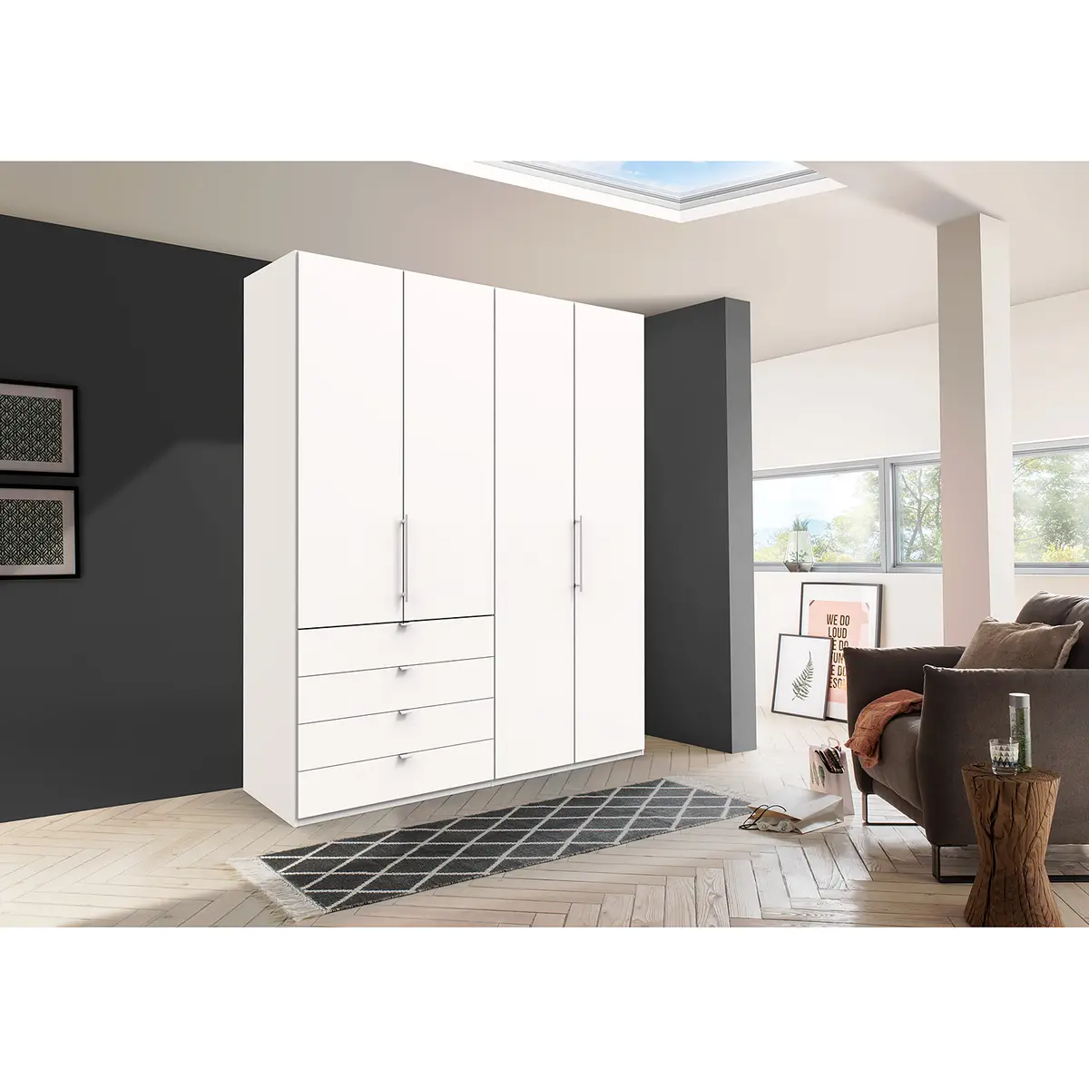 Falttürenschrank I 236cm Schublade links Weiß/Weiß | Weiß