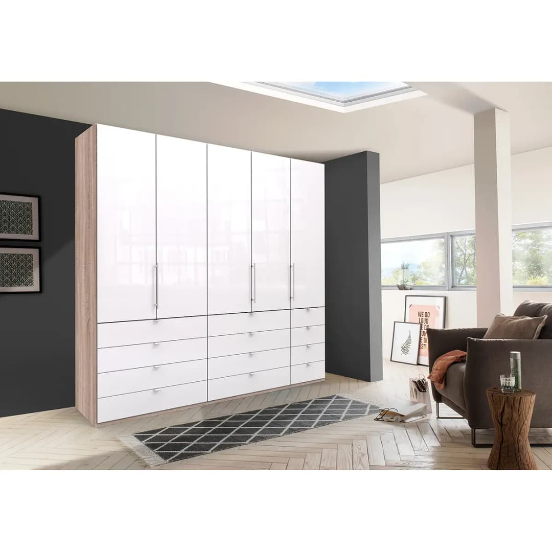 Falttürenschrank II 250 x 236cm Braun/Eiche Sägerau Dekor/Glas Weiß