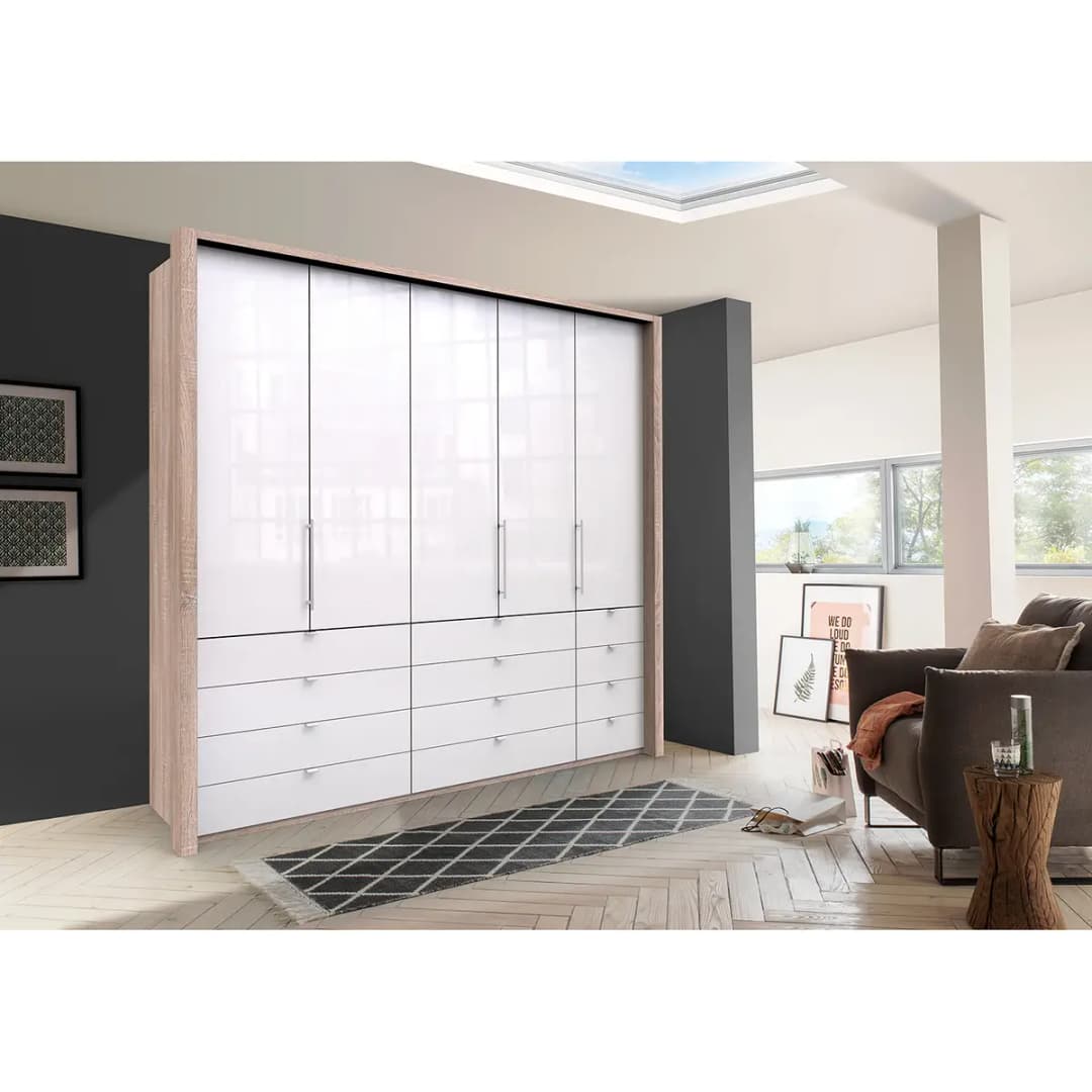 Falttürenschrank II 250 x 236cm Braun/Eiche Sägerau Dekor/Glas Weiß