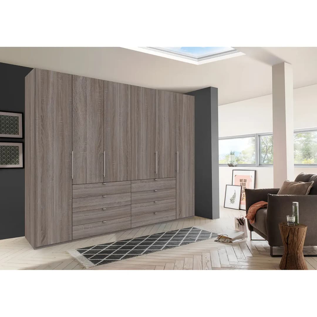 Falttürenschrank IV 300 x 236cm Schublade mittig | Braun