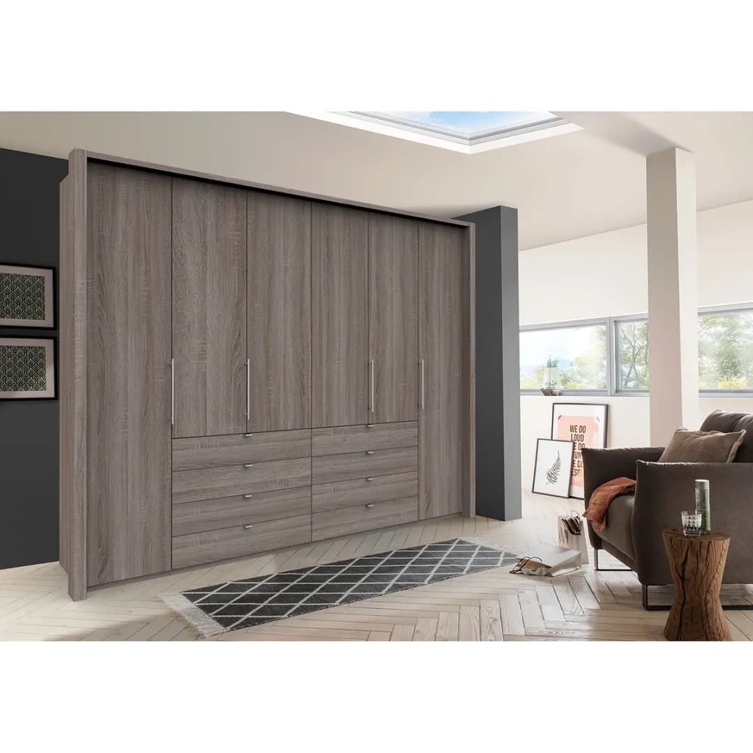 Falttürenschrank IV 300 x 236cm Schublade mittig | Braun