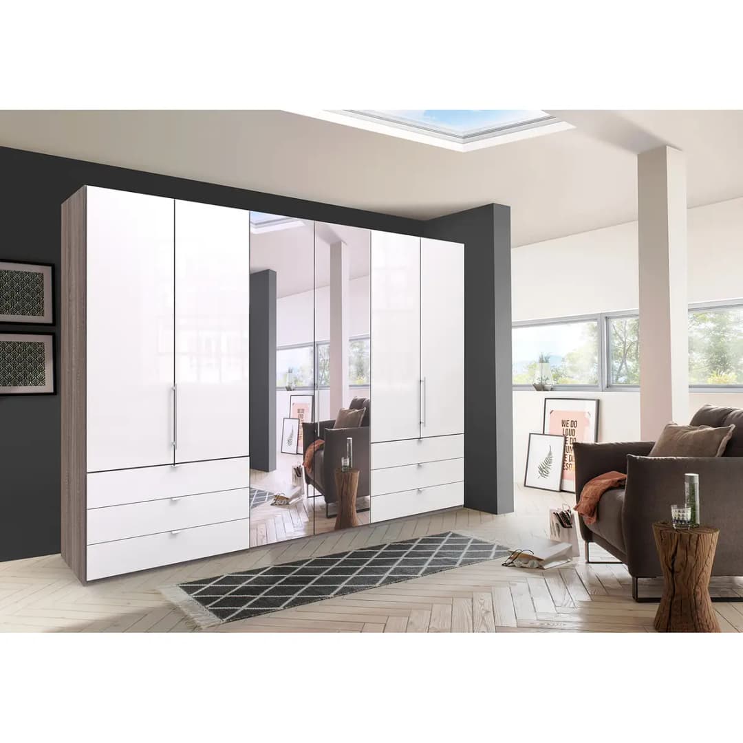Falttürenschrank V 216cm Braun/Grau/Trüffeleiche Dekor/Glas Weiß