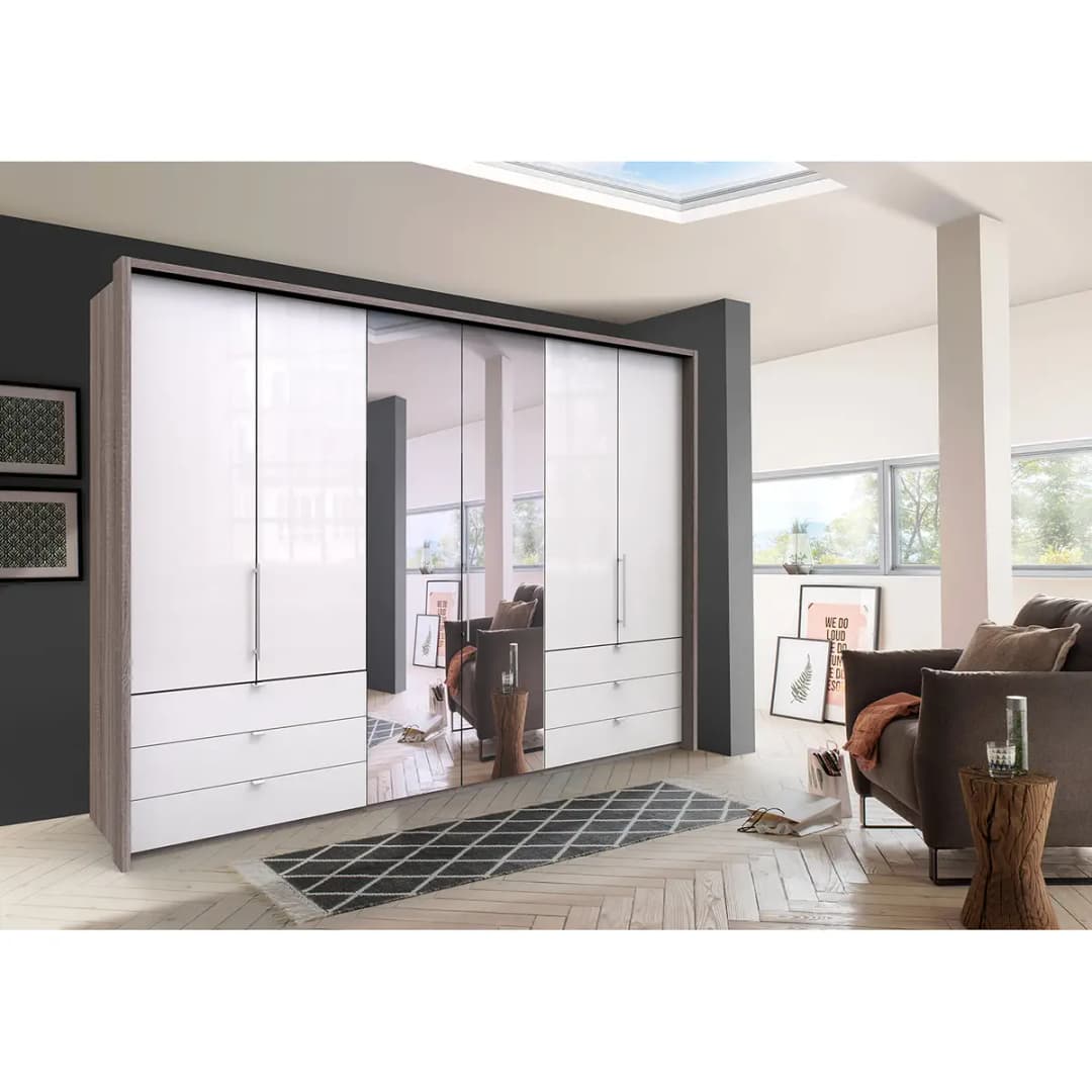 Falttürenschrank V 216cm Braun/Grau/Trüffeleiche Dekor/Glas Weiß
