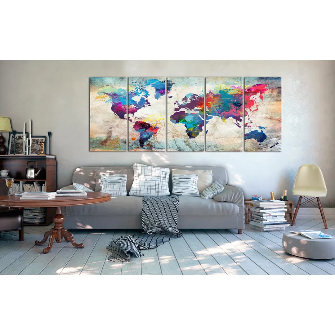 Wandbild World Map: Cracked Wall Leinen | Mehrfarbig