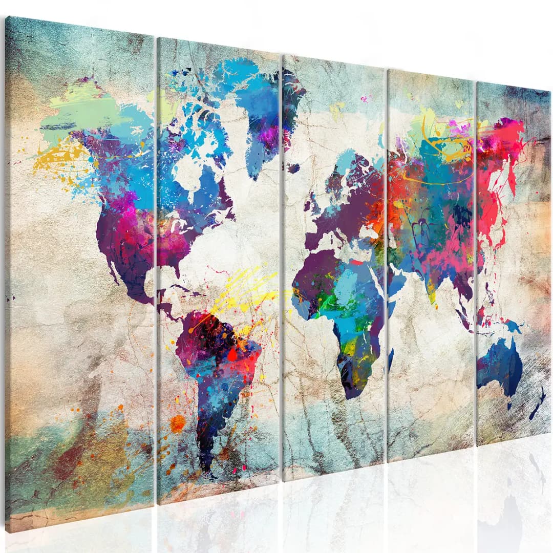 Wandbild World Map: Cracked Wall Leinen | Mehrfarbig