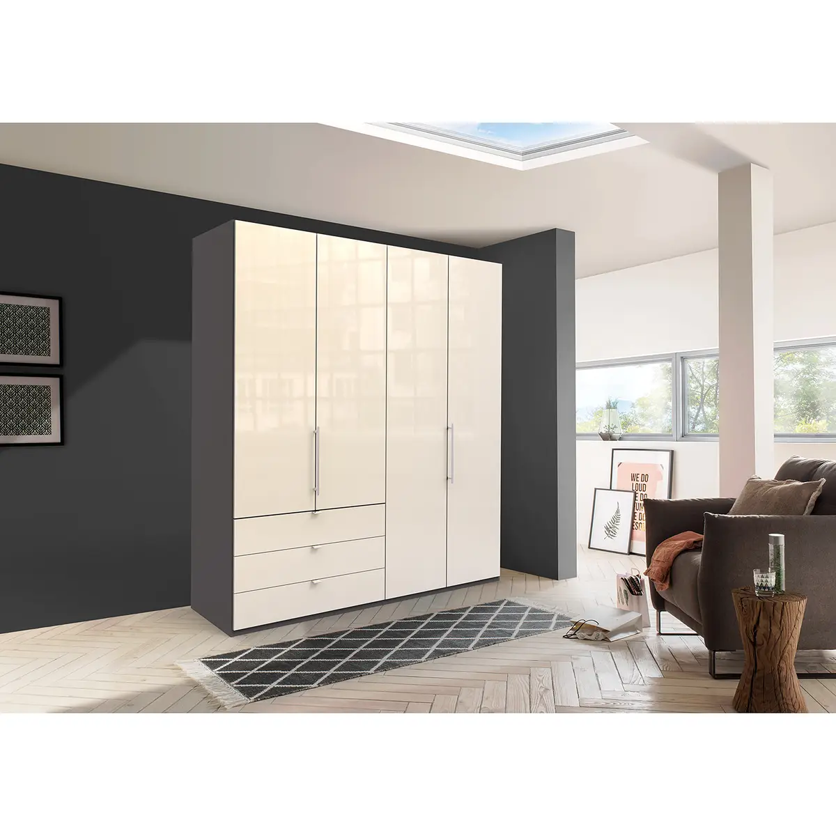 Falttürenschrank I 216cm Schublade links Braun/Havanna/Glas Magnolie