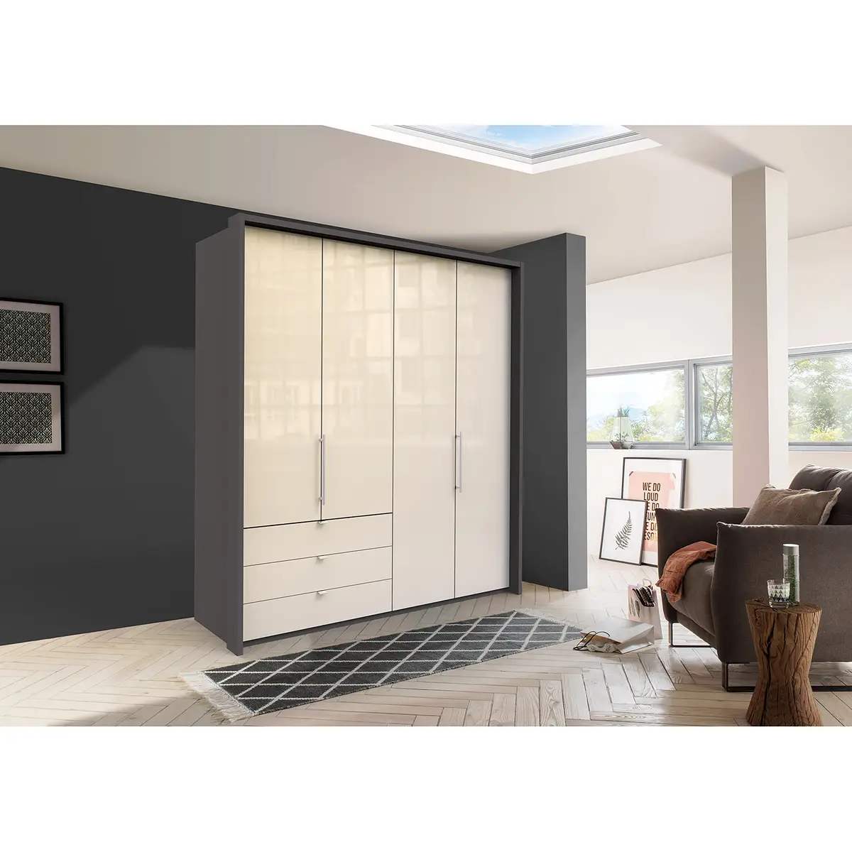 Falttürenschrank I 216cm Schublade links Braun/Havanna/Glas Magnolie