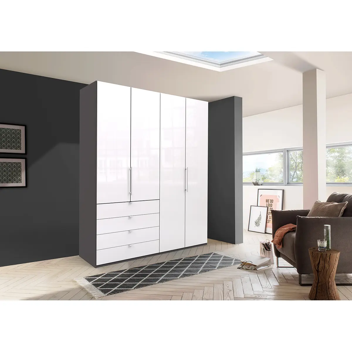 Falttürenschrank I 236cm Schublade links Braun/Havanna/Glas Weiß