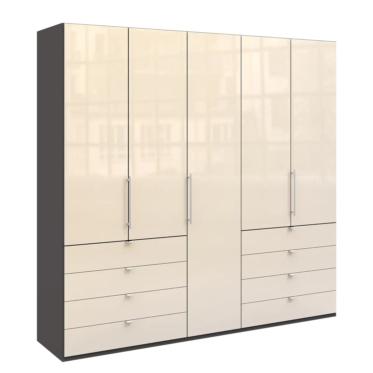Falttürenschrank IV 250 x 236cm Schublade außen Braun/Havanna/Glas
