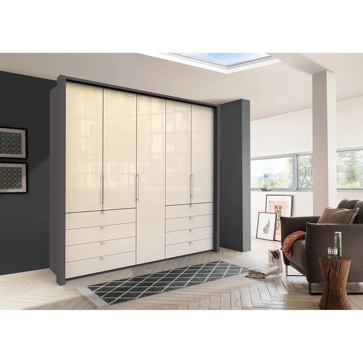 Falttürenschrank IV 250 x 236cm Schublade außen Braun/Havanna/Glas